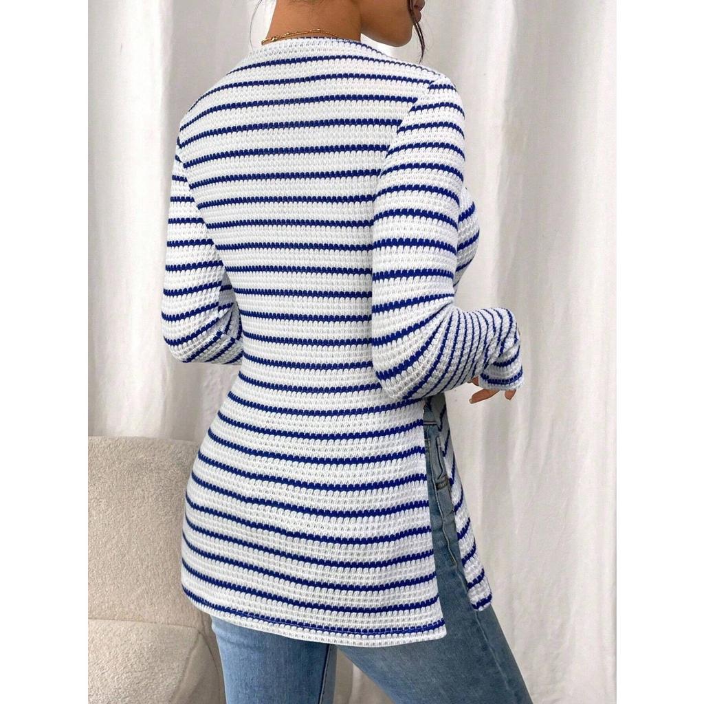 Nowa, swobodna, damska koszula z okrągłym dekoltem i długim rękawem, uniwersalny top z rozcięciem, seksowny T-shirt