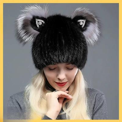 Mink Hair Hat Female Autumn and Winter Korean Version Woven Fox Hair Cat Ears Sweet Cute Wool Knitted Fur Hat