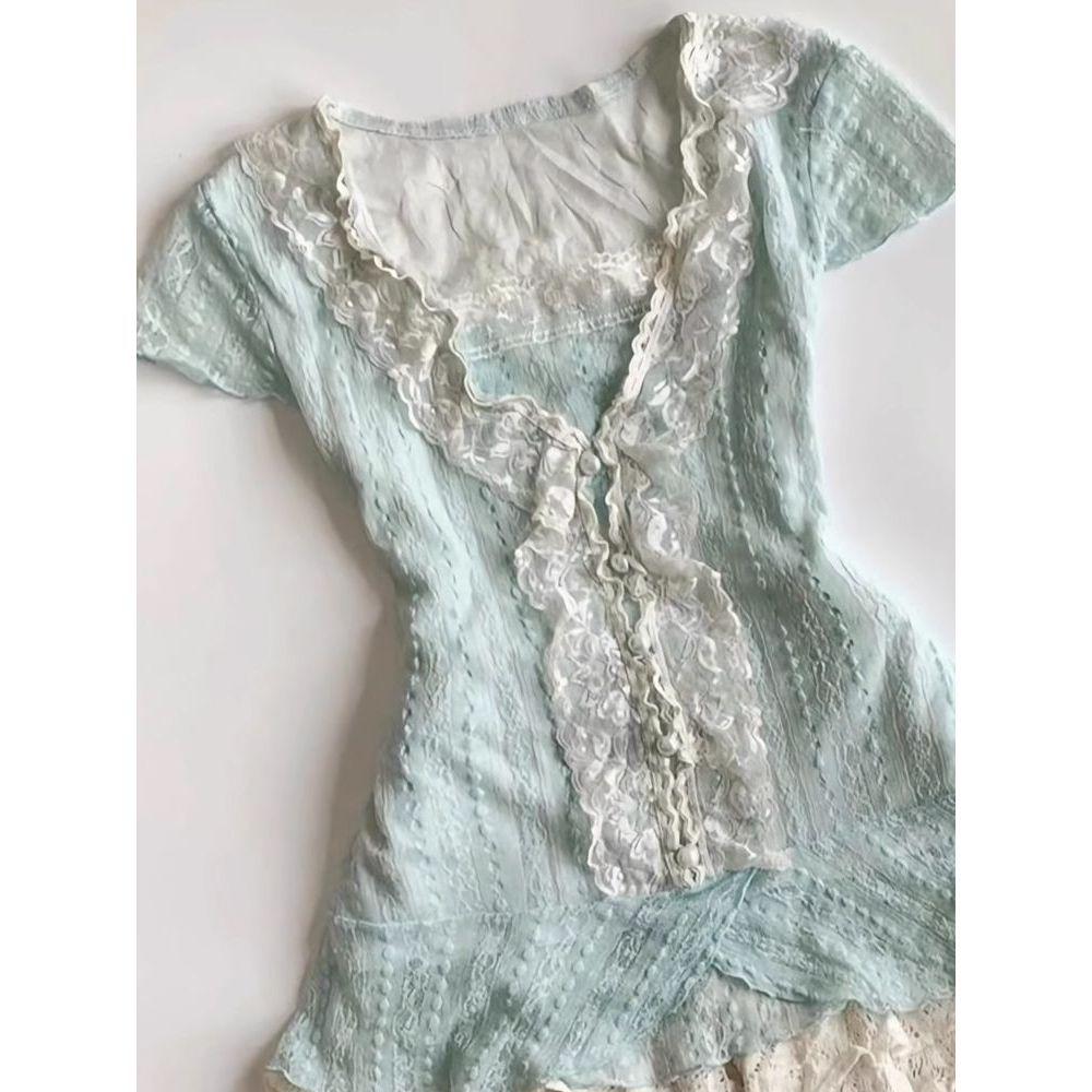 Vintage Lace Ballet Mini Skirt & Mint Top Set
