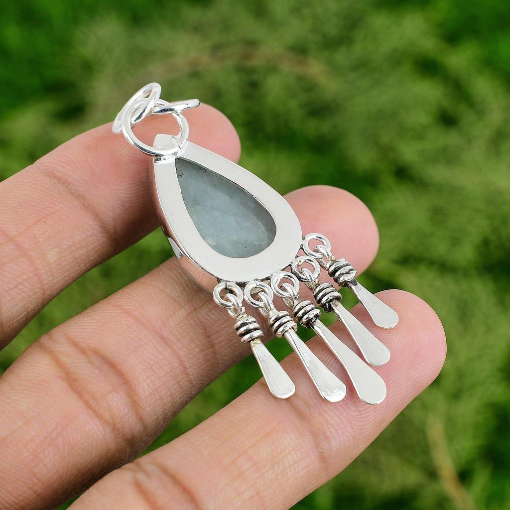 Pendentif Tendance en Argent Sterling 925 avec Aigue-marine Naturelle de Naissance de Mars