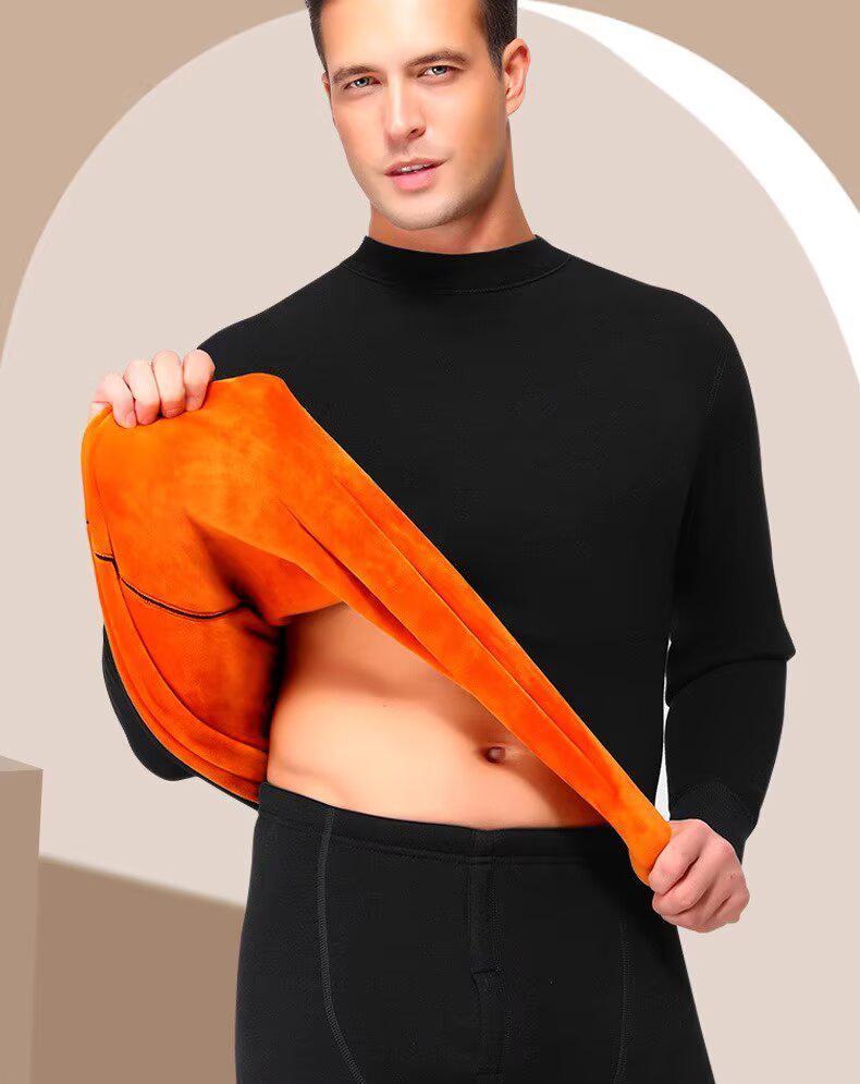 Golden Velvet Men's Cold-Proof Crew Neck Warm Underwear Set with Long Sleeve Top and Long Pants