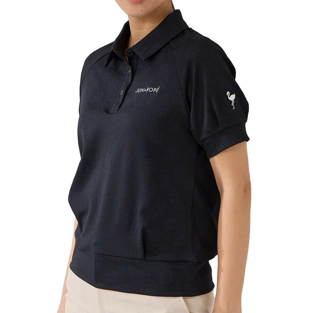 JUN&ROPE' Women's Jacquard Tuck Sleeve Short Sleeve Polo Shirt UV Cut Moisture Wicking Black M Size