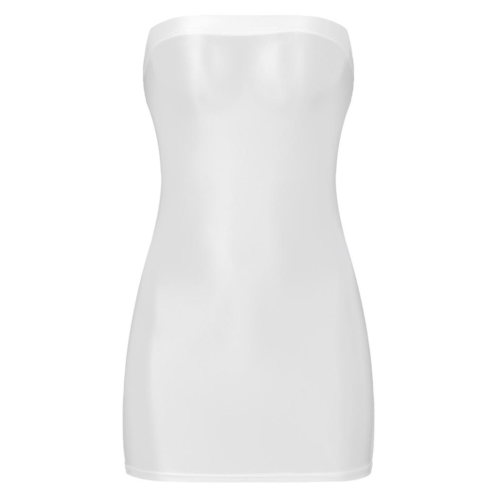 Womens Glossy Bodycon Dress Strapless Design Stretchy Pencil Dress Solid Color Nightclub Wear Evening Dress