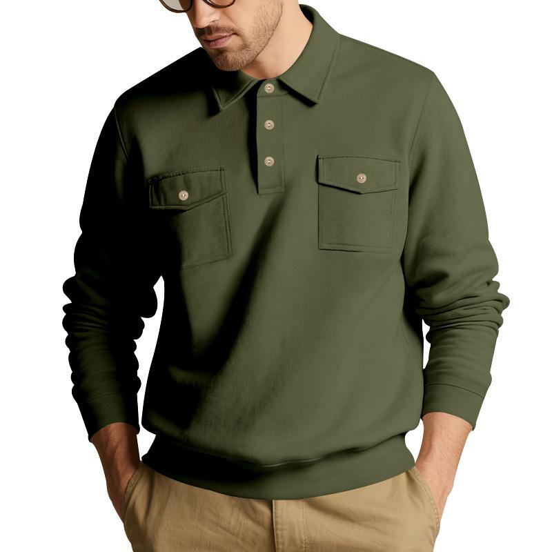Mens Long Sleeve Polo Collar Casual Workwear Sweatshirt With Pockets