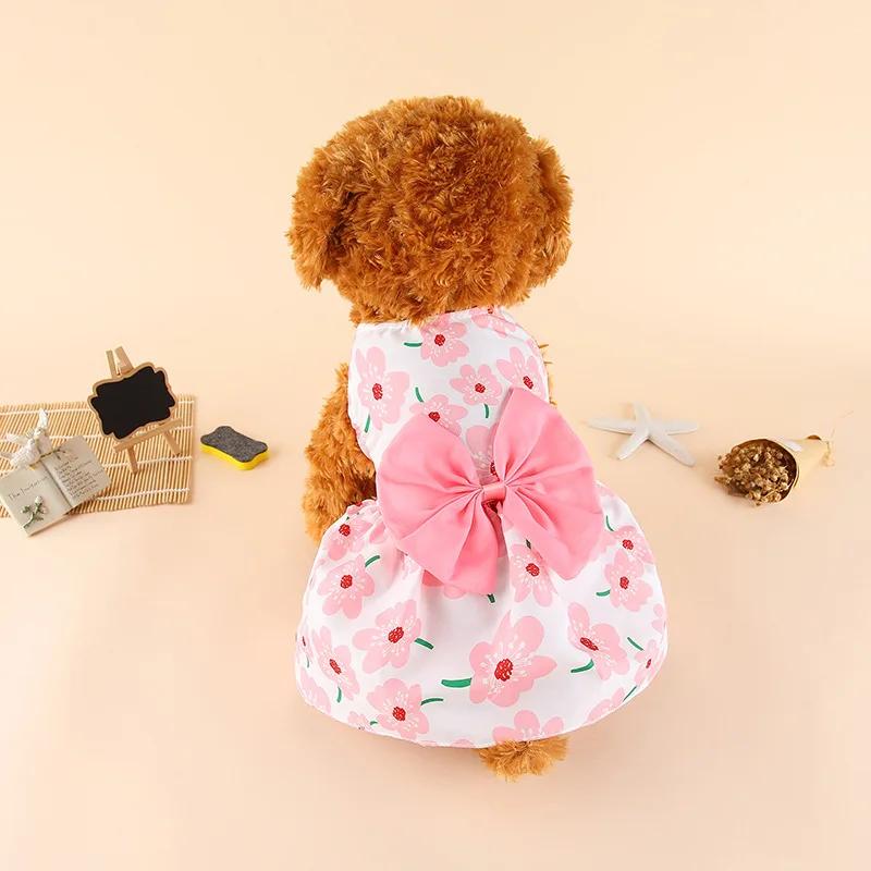 Cute Floral Pet Dog Dress with Bow Summer Princess Puppy Skirt for Small Dogs Cats Teddy