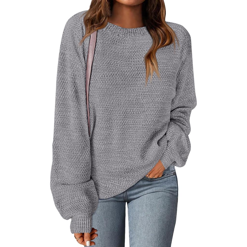 Women's Fashion Round Neck Pullover Sweater Casual Versatile Solid Color Knit Top