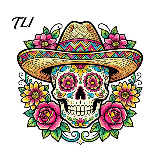 Décoration de Fête Latino-Américaine Autocollant Mural Crâne Fleuri, Décorations Imperméables d'Extérieur pour le Jour des Morts Autocollants pour Vitres, PVC Amovible