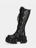 Fashion Belt Buckle Motorcycle Boots Knee High Rock Punk Round Toe Thick Bottom Leather Solid Color Fashion Sexy Women Shoes New