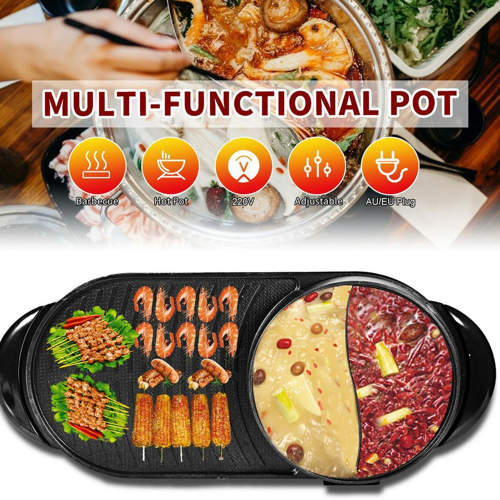 1200W 2 In 1 Larger Electric Hot Pot Oven Smokeless Barbecue Pan Shabu Pot Non-Stick BBQ Griddle Home Hotpot Baking Plate