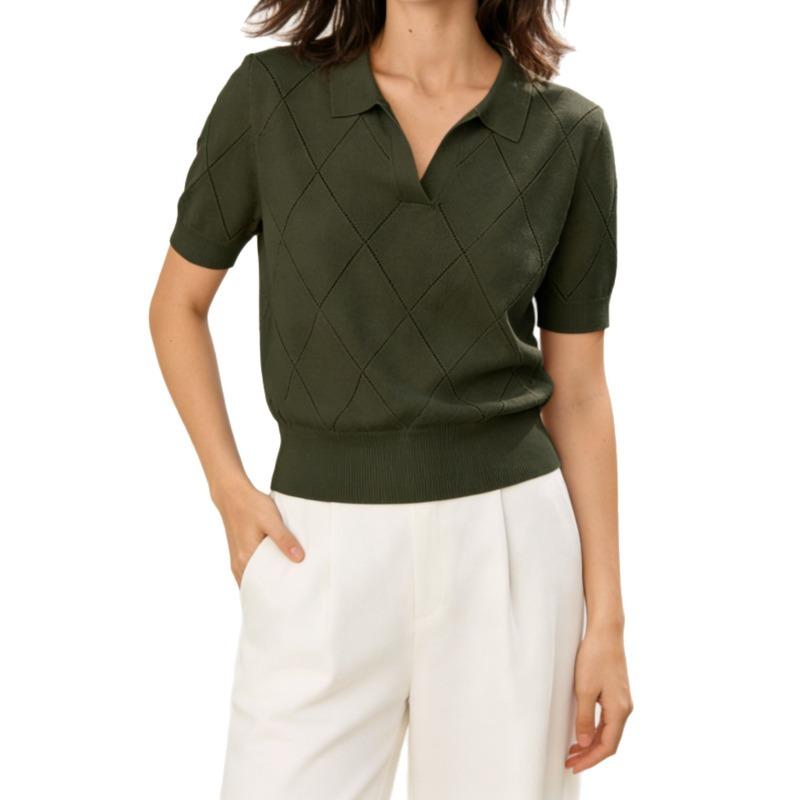 Women Summer Thin Knit Polo Collar Short Sleeve Slim Commute Top
