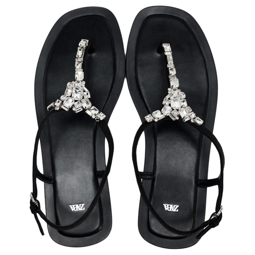 Zara Rhinestone Embellished Toe Post Flat Sandals Black Women 11606410800