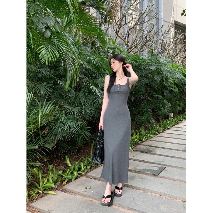 

Pure desire style button vest dress women s summer temperament waist thin A word hip skirt long dress Free size (recommended 40-60kg ) серый