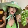 New Korean Style Plaid Lace Up Fisherman Hat For Summer Outdoor Travel With Large Brim And Double-Sided Sun Protection Hat