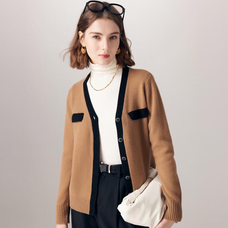 PALUOPO Women's 100% Cashmere Patchwork Striped V-Neck Cardigan