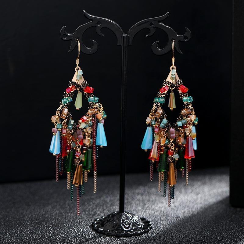 

Trendy s925 silver needle bohemian fringed earrings retro crystal earrings long temperament earrings women