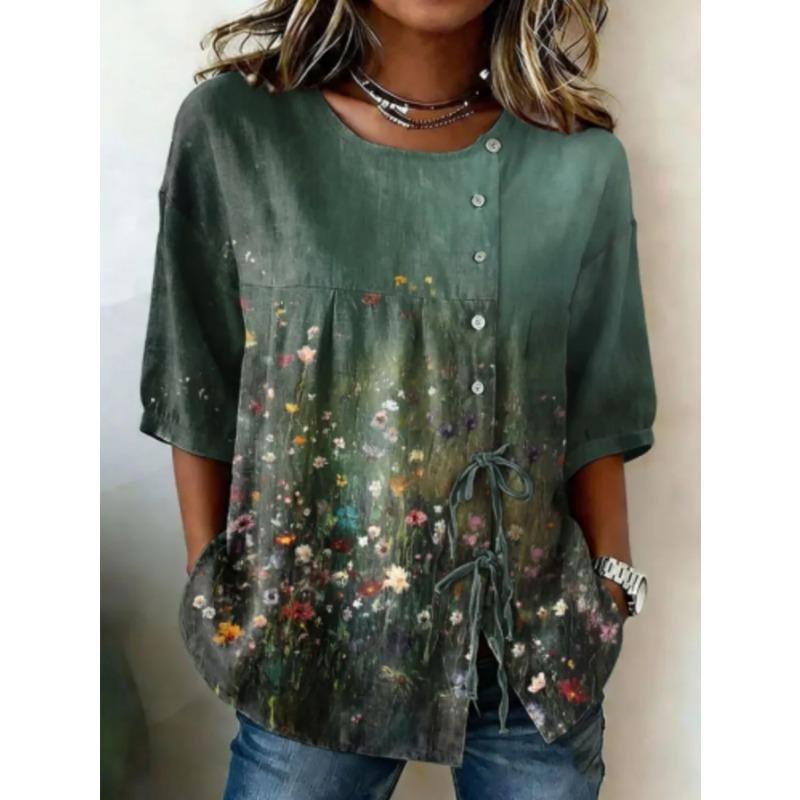 Women's printed lace-up short-sleeved blouse, fashionable and versatile, comfortable and skin-friendly, machine washable.