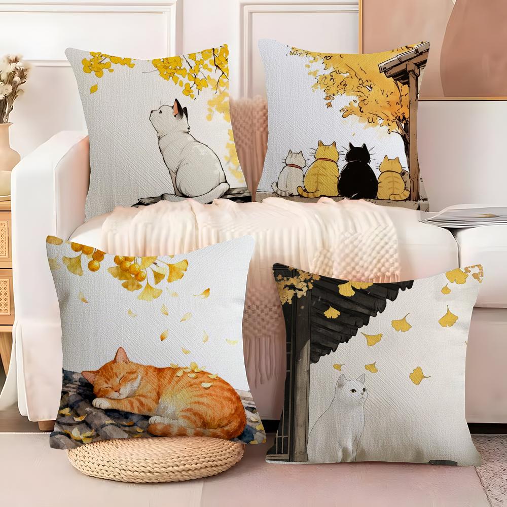 Autumn cats Cushion Cover Natural Linen Organic Fabric DoubleSided Printing Sofa Home Decor Breathable Bed Pillow