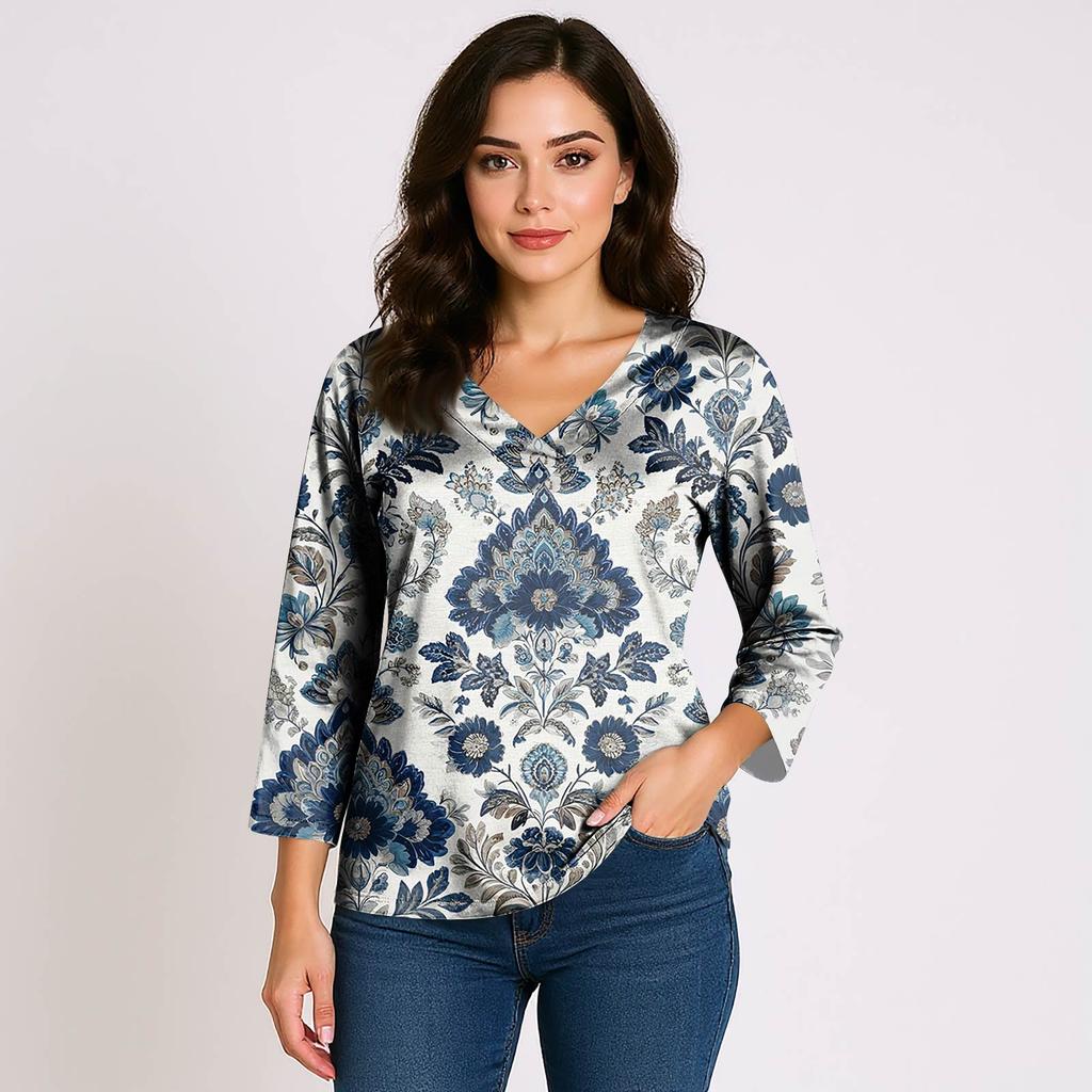 Women's 3/4 Sleeve Shirts V Neck Print Tops Casual Tops Basic Tees Blouse Loose Tops