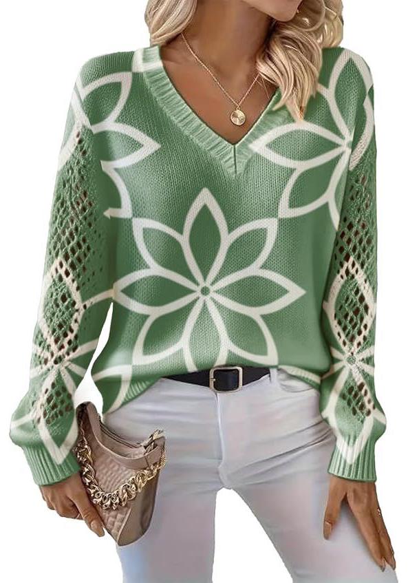 V-Neck Eyelet Print Sweater - Style HS-LY52