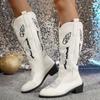 New Women Retro Embroidery Brown Thick Heels Knight Boot Western Cowboy Botas Mujer Punk Style for Adult Women