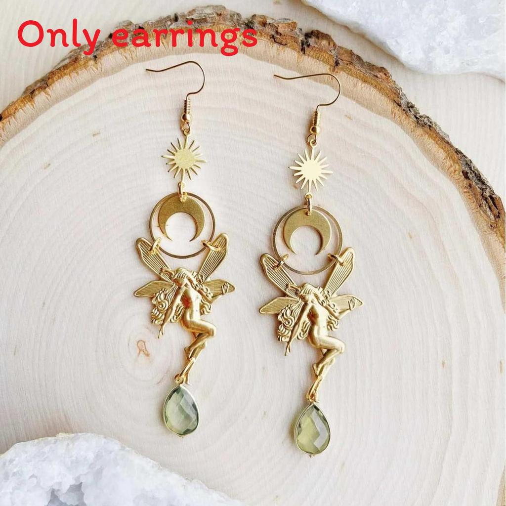 Forest Fairy Green Crystal Earrings With Bohemian Sun Moon Pendant For Women