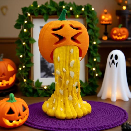 Halloween Puke Pumpkin Figurine Hilarious 3D Printed Vomiting Pumpkin Statue for Halloween Tabletop Bookshelf Decor