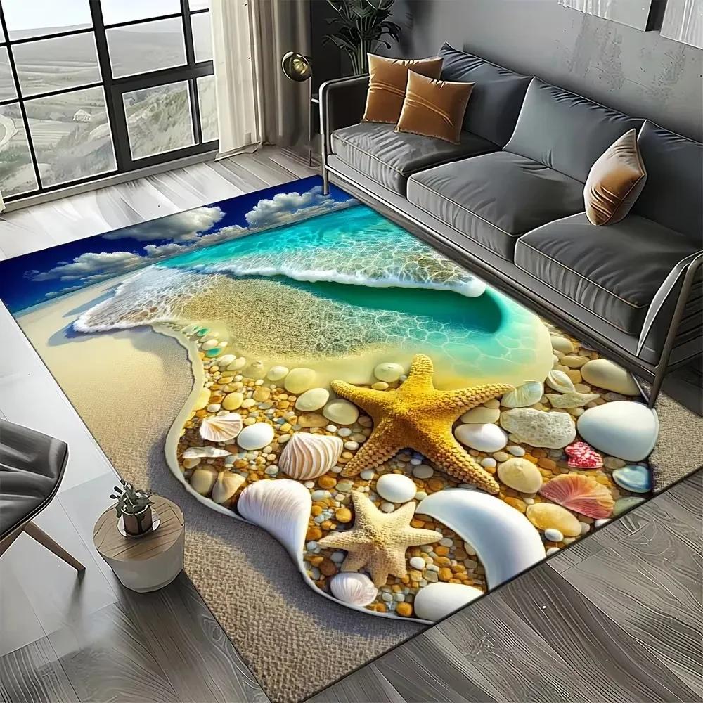 Starfish Beach Shell Sand Pattern Area Rug Coastal Ocean Carpet for Living Room Bedroom Kids Play Room Non-Slip Floor Mat