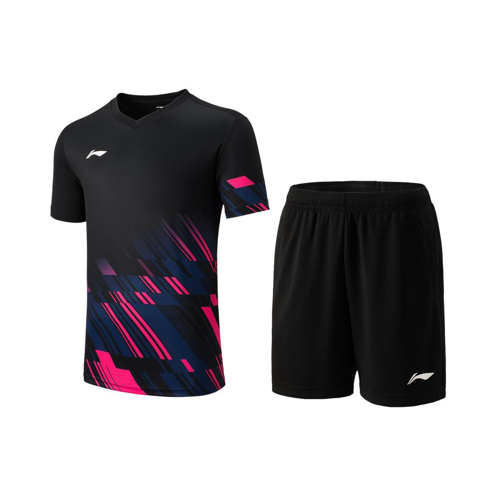 Li-Ning Round Neck Short Sleeve Mid Waist Tied Casual Sports Suit Men Suit Black AATU053-1