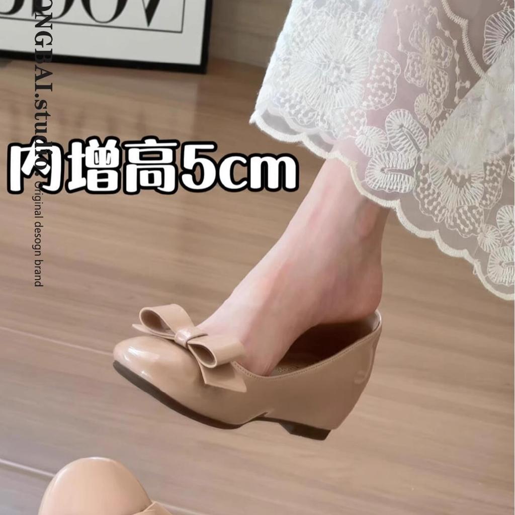 Small Inner Height Increase Nude Single Shoes Women's 2025 New Summer Bow Commuter Versatile Flat Ballet Shoes