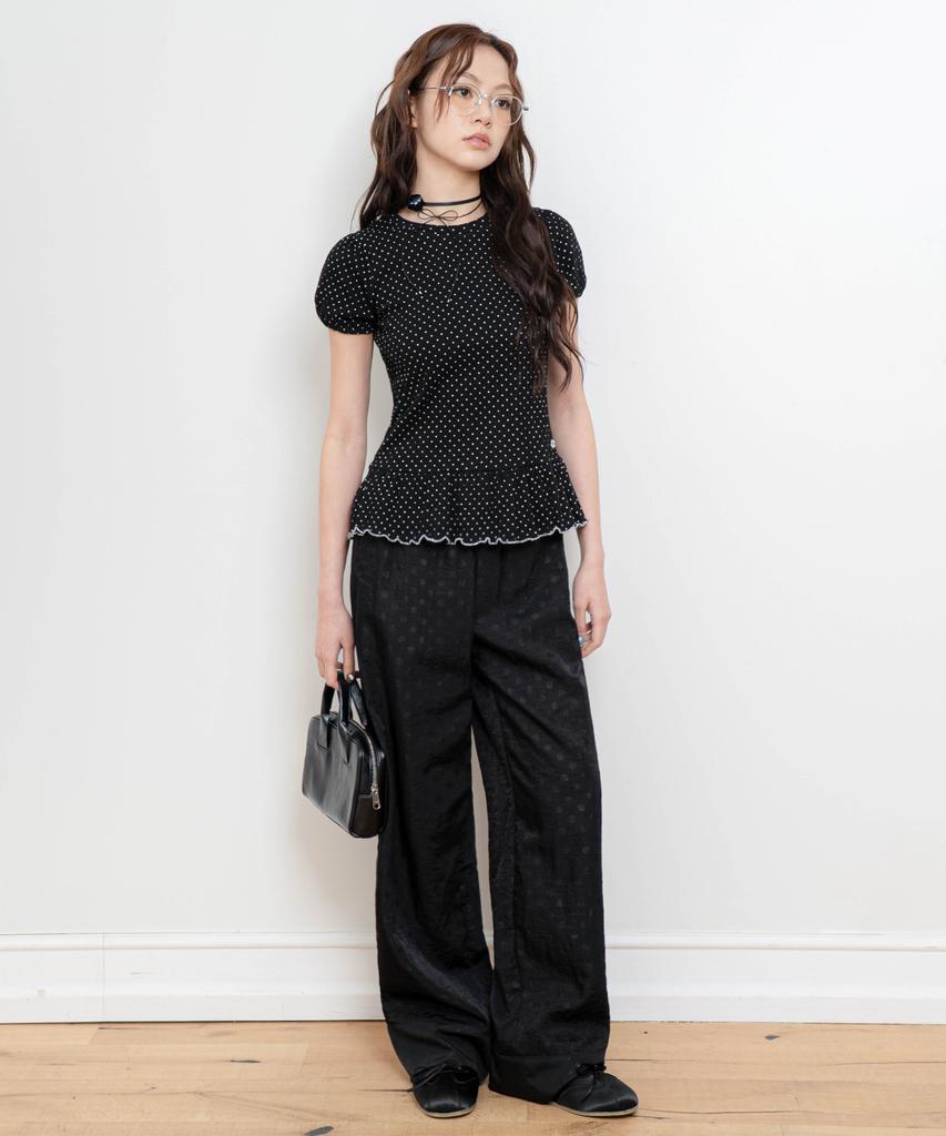 Dilleiopeu Polka Dot Color Block Wide Elastic Pants [Black]
