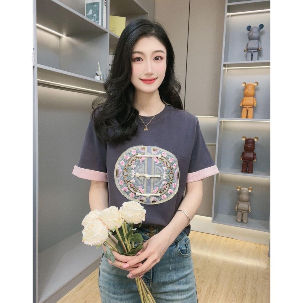 2026 Summer Women's Elegant Embroidered Chinese Style Short Sleeve Round Neck T-shirt