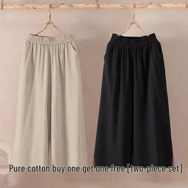 Women's Summer Cotton Linen Wide-Leg Pants: Korean Style, Loose Fit, Plus Size, Versatile Seven-Point Casual Wear.