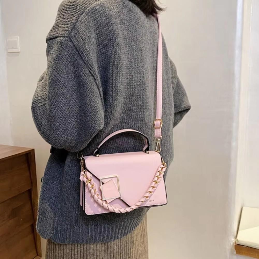 Modische quadratische Umhängetasche mit Klappe für Damen, einfarbig, PU-Ledertextur, Crossbody-Tasche, trendige Ketten, Handtaschen