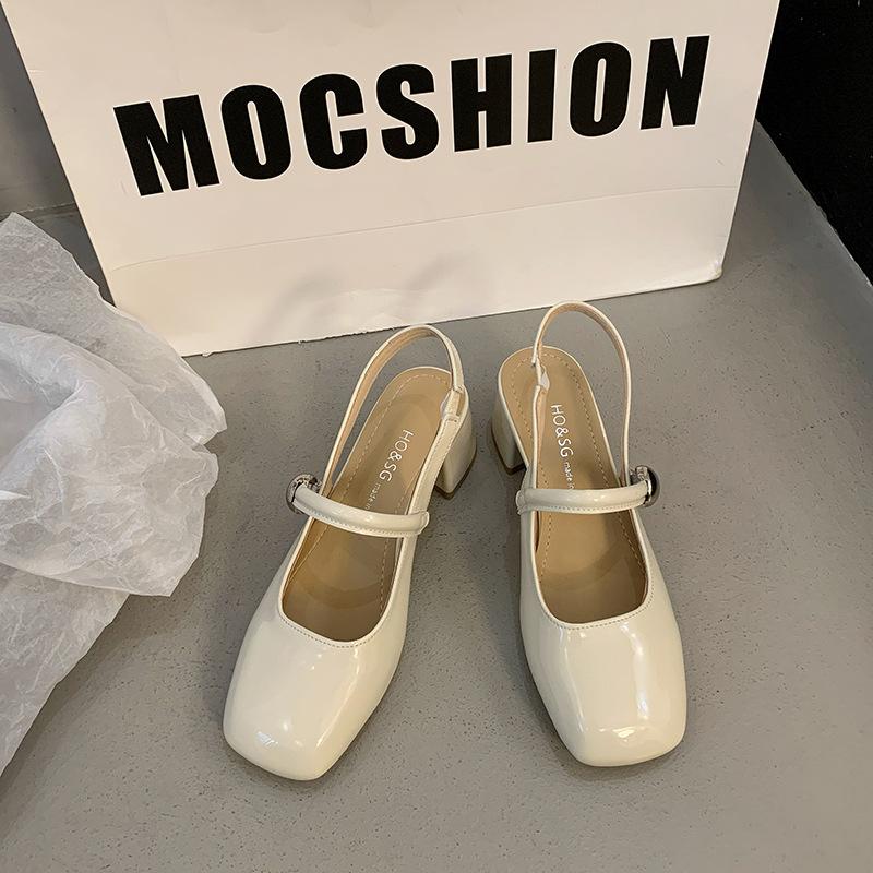 Spring 2025 New Sandals Temperament Rear Empty Square Head Mary Jane Single Shoes Women's Shoes Thick Heel High Heels