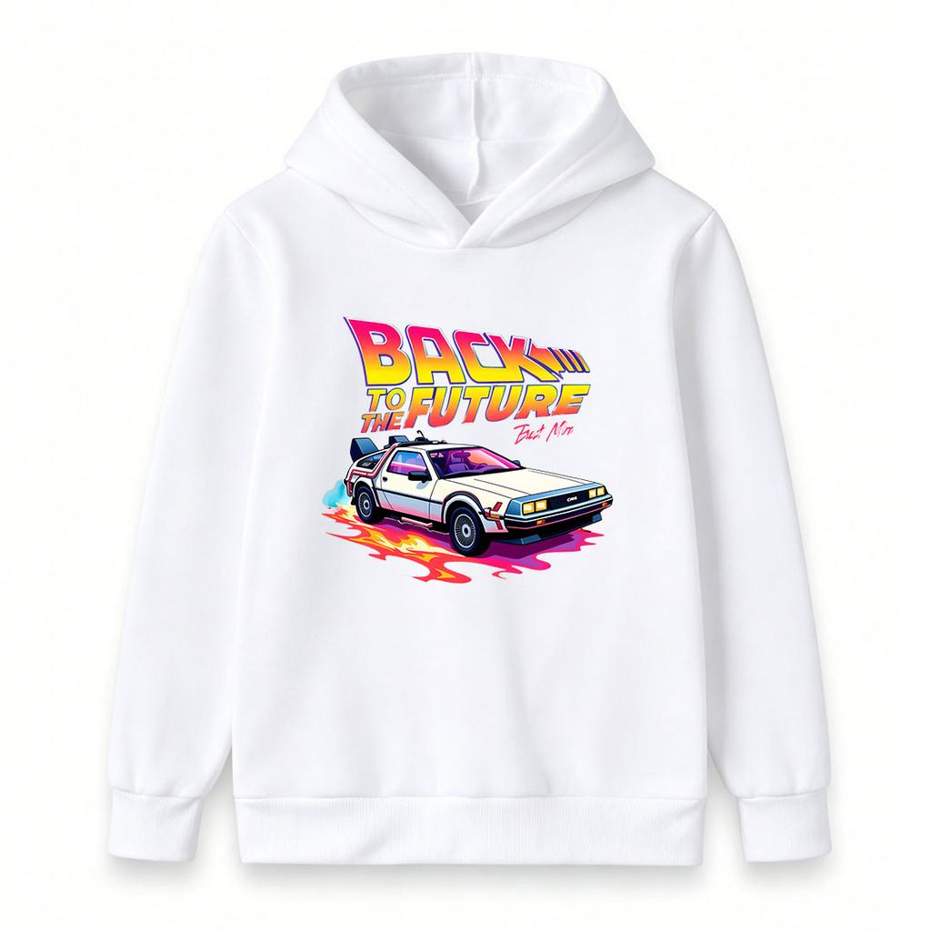 Kids Boys Girls Pullover Hoodie, Retro Classic Time Travel Car Graphic Casual Long Sleeve Hooded Sweatshirt, Comfortable Streetwear Top For Youth Dail