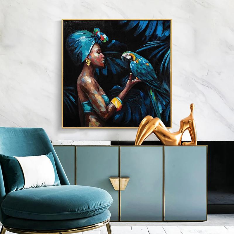 Modern African Woman Play Parrot Canvas Paintings Posters and Prints Wall Art Pictures for Living Room Wall Decoration Cuadros