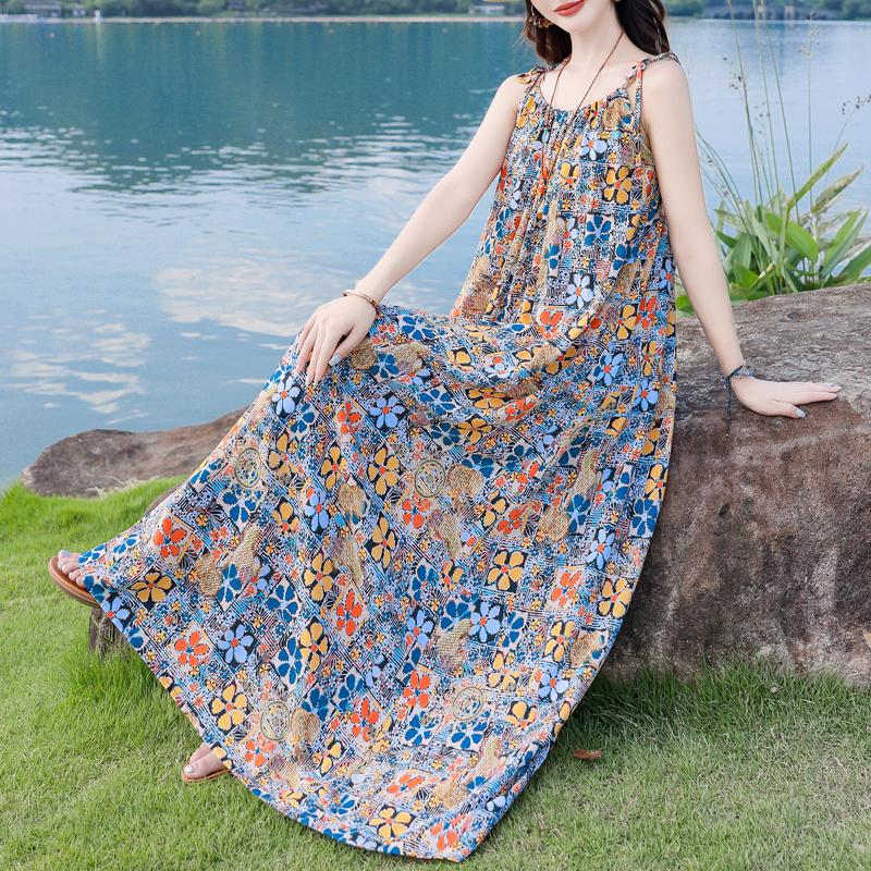 Elegant Woman Summer Strap Dress Plus Size Casual Loose Long Dress Female Vintage Clothes
