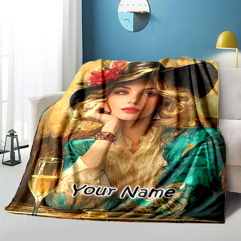 1PC Custom Name Elegant Woman Wine Glass Flannel Blanket Versatile,all-season Throw Suitable for the Living Room,bedroom,camping,travel,and Gift