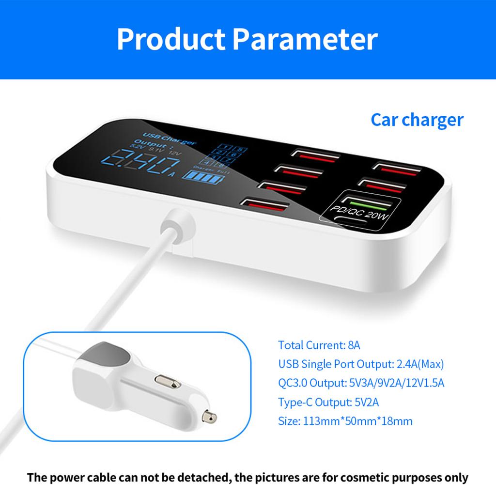 A9S+ 8 Port Car Charger with LED Display Type C QC3.0 Quick Charging Intelligent Portable Safe Vehicle Charger Station