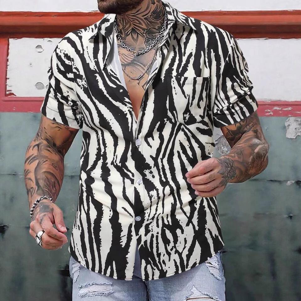 Men S Summer Short Sleeve Striped Printed Casual Shirt M