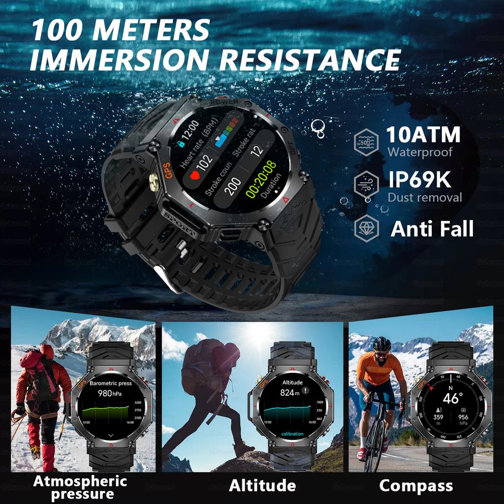New Bulit-in GPS Outdoor Smart Watch Men Flashlight compass BT call Heart rate 10ATM Waterproof  Sports Smart watch