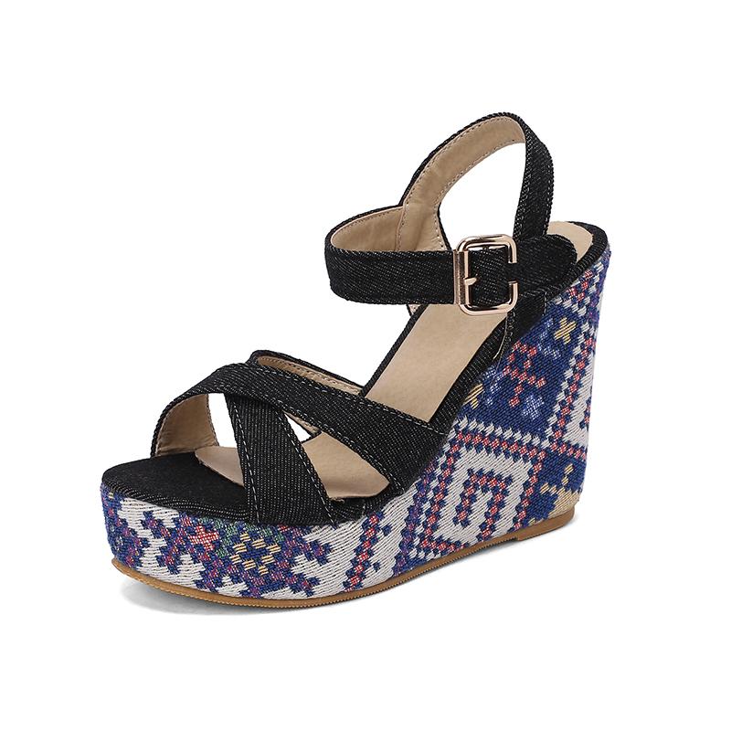 

Comfortable Wedges Sandals Women Platform Shoes 2024 Summer Big Size 46 47 48 Boho Denim Beach Floral Walk Dress High Heels 3 чёрный