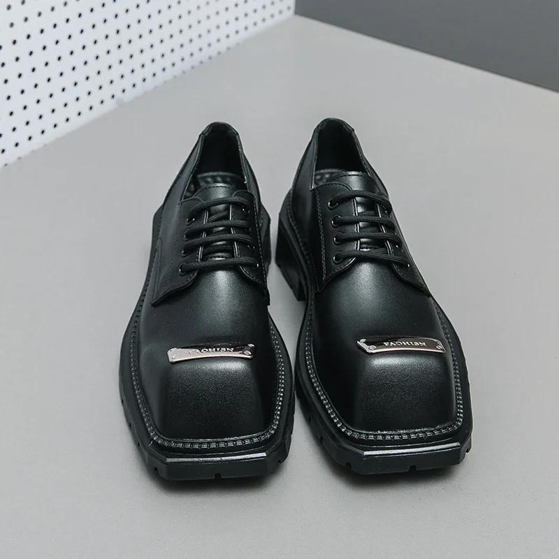 Fashion Square-Toe Men's Leather Shoes Business Oxford Man Lace-up Formal Dress Shoes Black Derby Shoes Metal Decoration