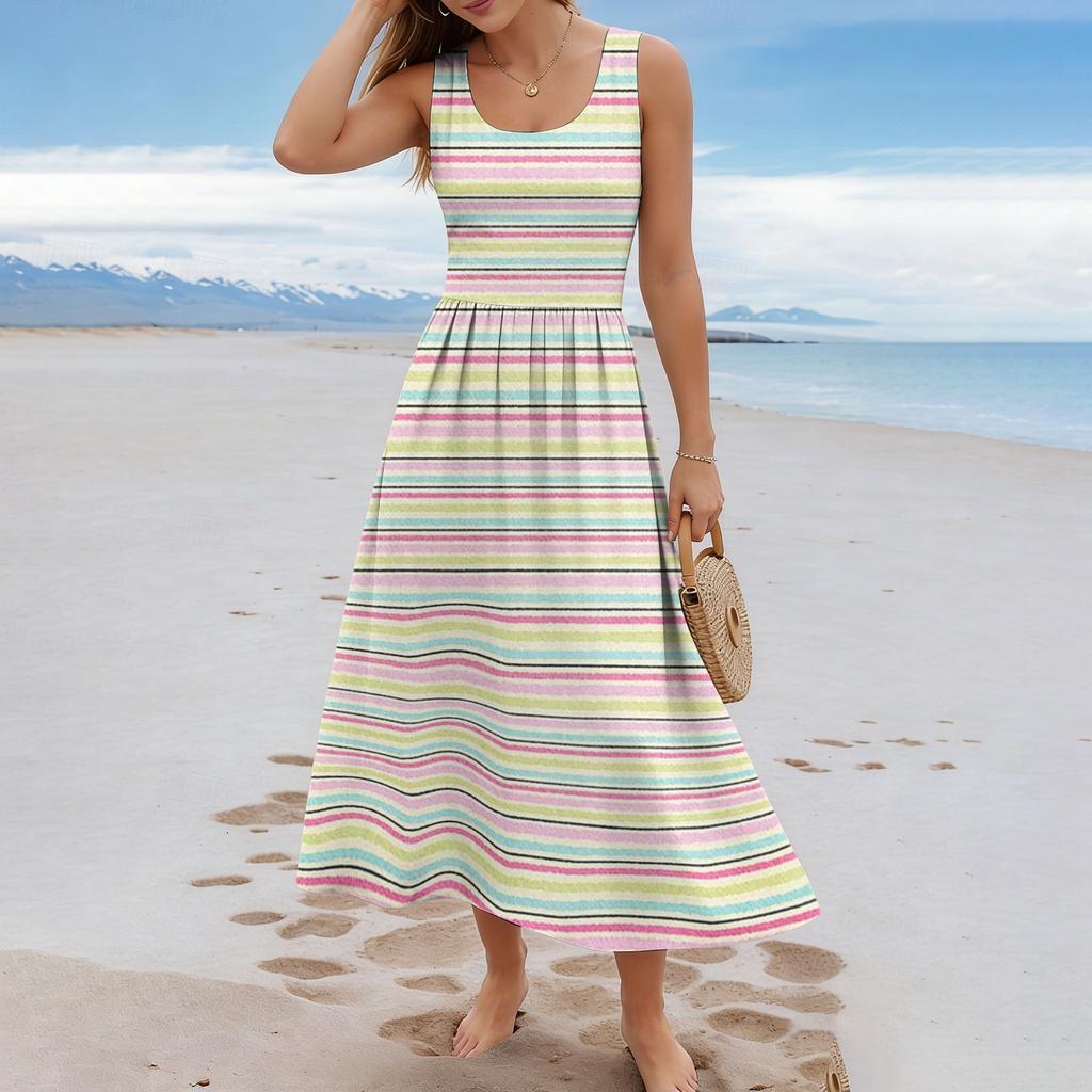 Ladies' striped summer casual and fashionable sleeveless long dress