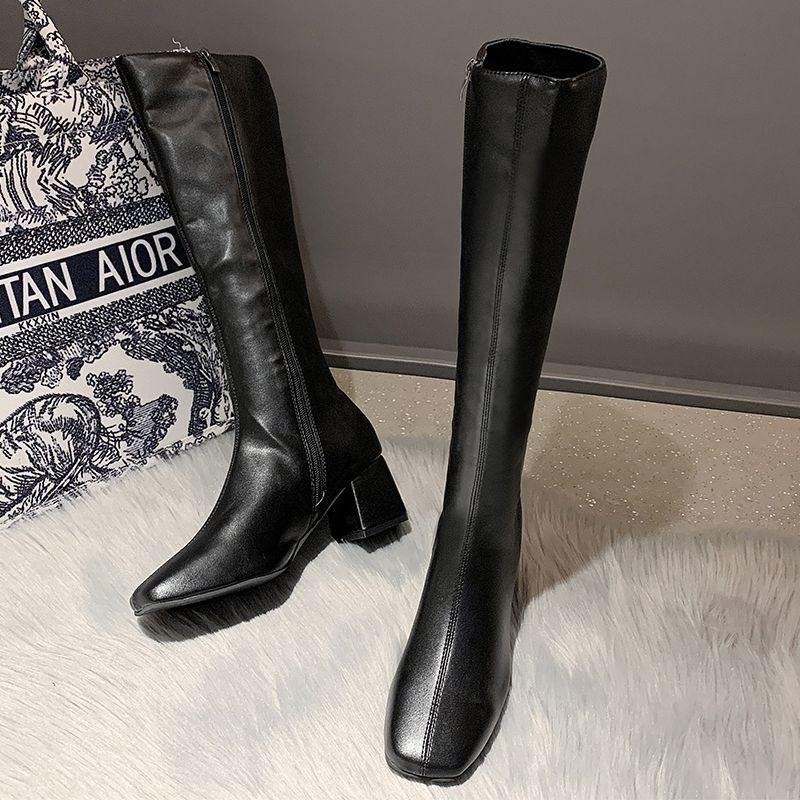 

2025 Ранняя осень Корейский стиль Квадратный носок Сапоги до колена на массивном каблуке Модная обувь для женщин 35