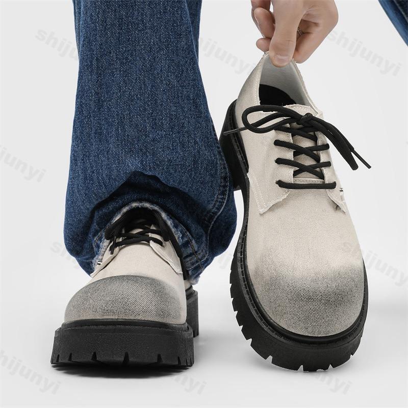 Men Canvas Leather Shoes 2025 Autumn Casual Loafers Lace Up Platform Comfortable Non Slip Fashion Derby Shoes Wedding Party