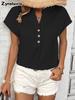 New Retro Cotton Linen Women's Casual Shirt V-Neck Button Short Sleeve Solid Color Linen Top
