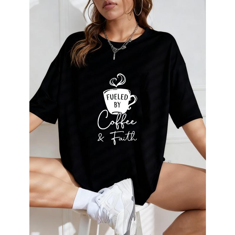 White Oversized T-Shirt With Coffee And Faith Print For Casual Wear