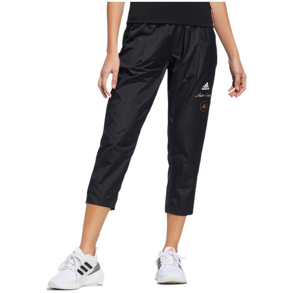 adidas Solid Logo Micro Mark Cropped Sports Pants Women Bottoms Black HE9958