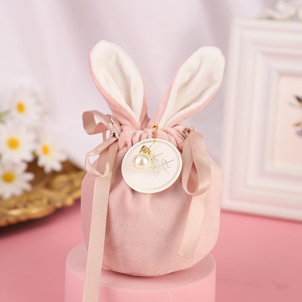 Flannel Bunny Ear Gift Bag Rabbit Ear Wedding Candy Bag with Card Pearl Drawstring Design Soft for Wedding Birthday